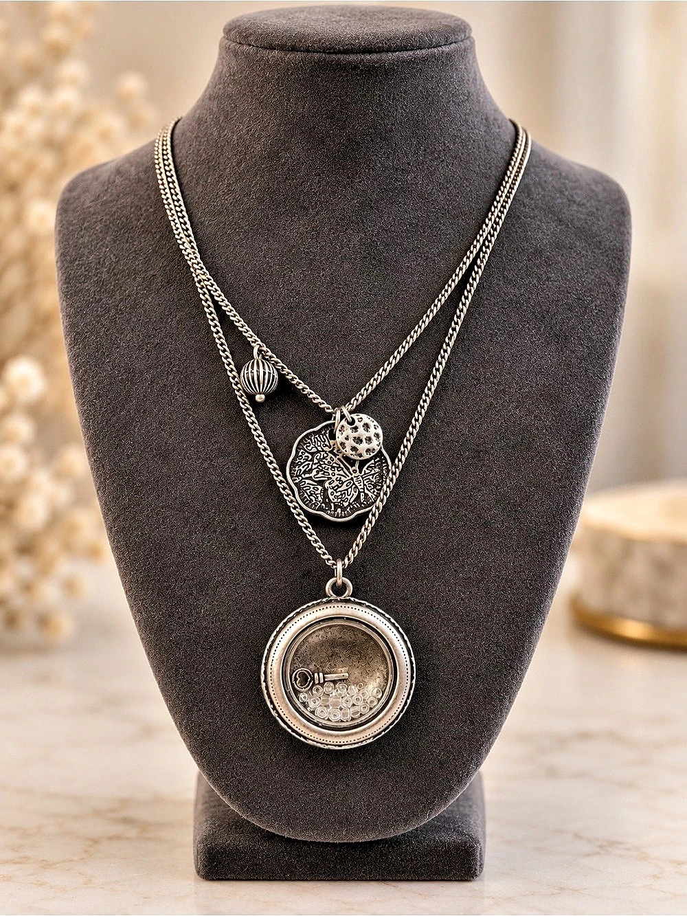 Nine West Vintage America Silver Tone Layered Key & Butterfly Charm Necklace